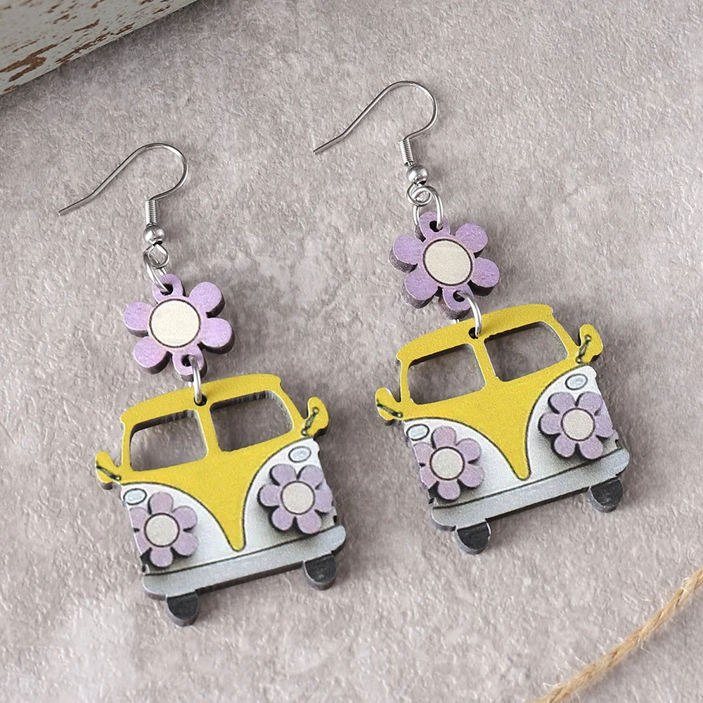 New Back to School Season Opening Season Graduation Season Flower School Bus Earrings Teacher\'s Day Student Wooden Earrings Gift