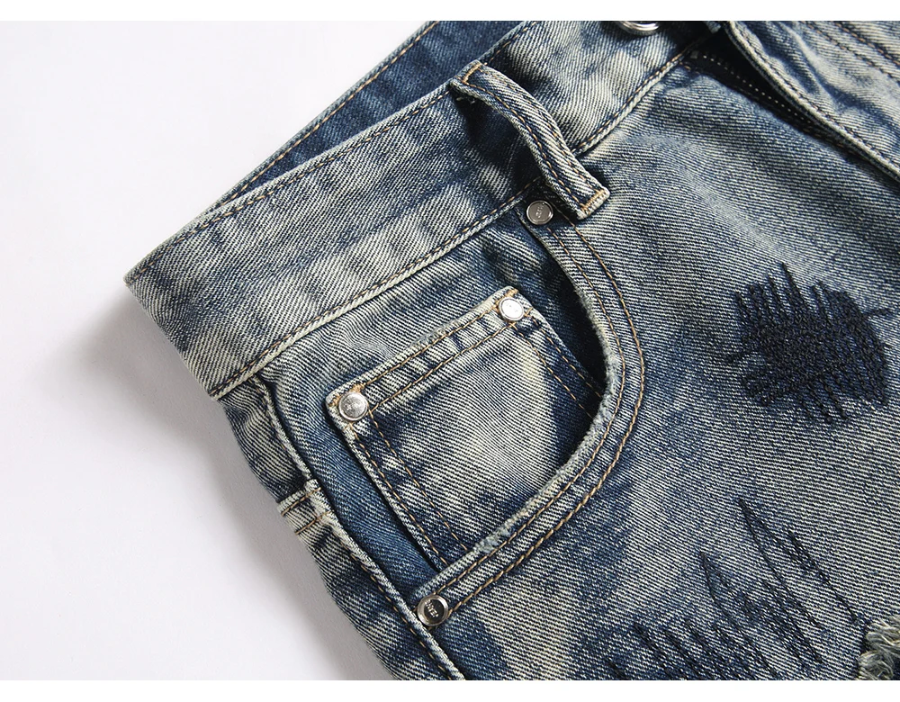 Herren Boot-Cut-Jeans Streetwear mit Patches, freigelegtem Saum, Vintage-Blau, Stickerei, Patchwork, ausgestellte Hose – Detail 5