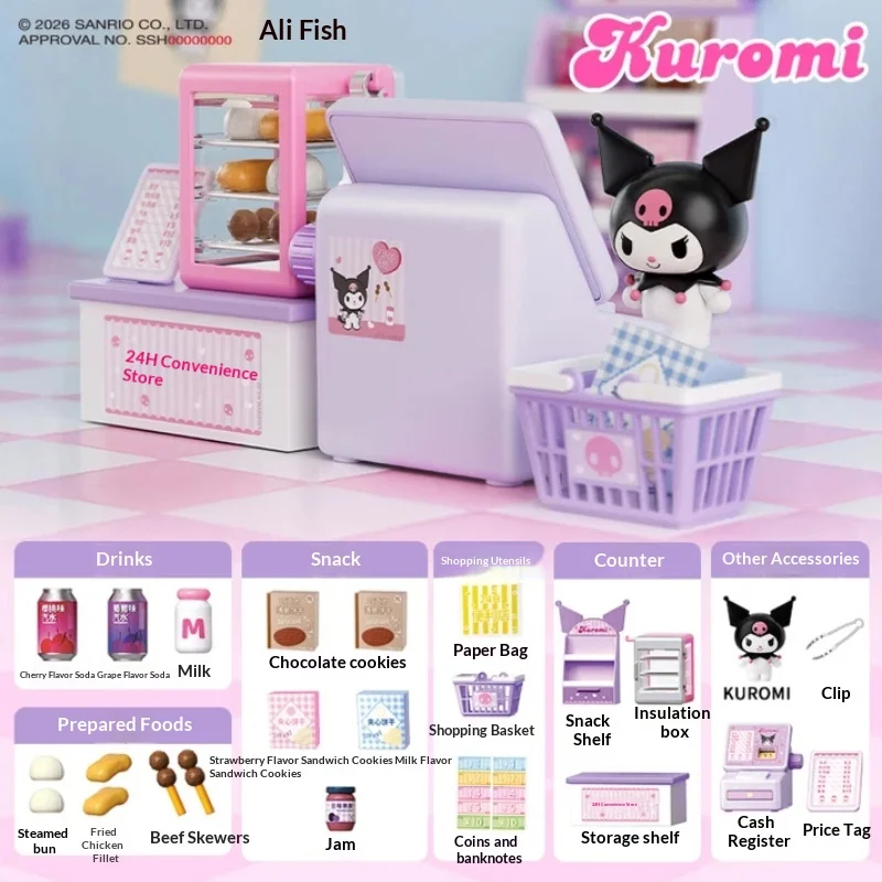 Caja Sorpresa Oficial de Sanrio Kuromi, Juguete de Comida en Miniatura, Set de Juego de Tienda en Miniatura para Niñas