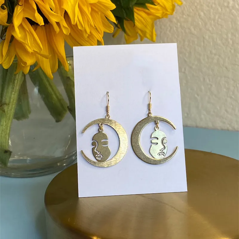 MOONFACE Shiny Celestial Dangle Earrings Crescent Moon Face Jewelry Bohemian Witchy Textured Raw Brass Hipwelry Punk Women Gift