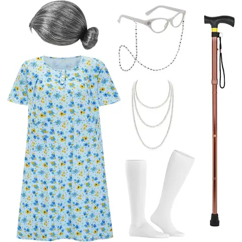 Old Lady Costume for Women, Adult 100 Days of School Adult 100 Days of School Costume Grandma Dress Up Costume Accessories