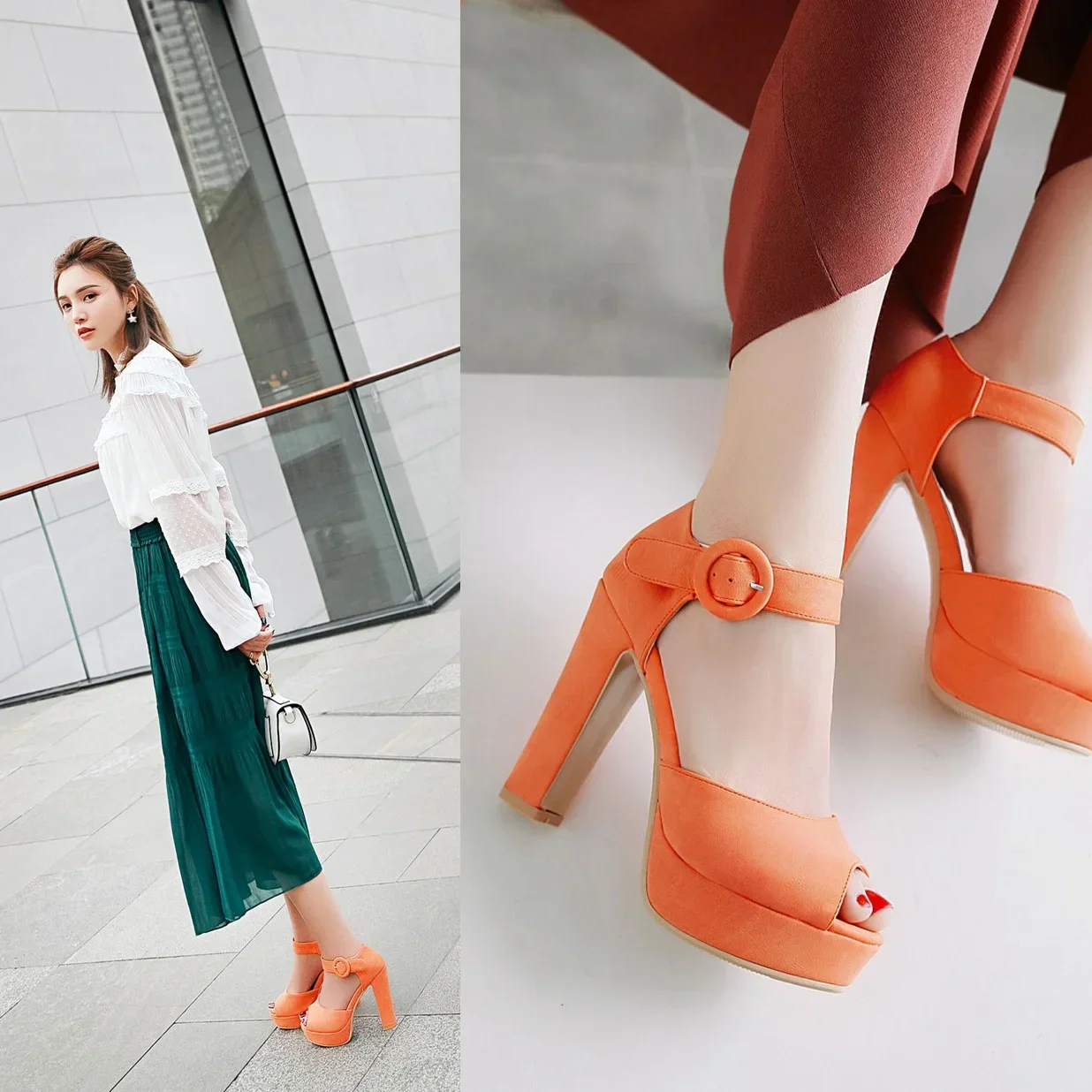 Women Platform Sandals Super High Chunky Heel Black Orange PInk Party Dress Office Buckle Ankle Strap Peep Toe Summer Lady Shoes