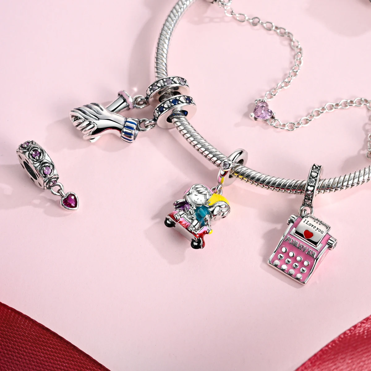 Original Valentine's Day Charms Bead Pendent 925 Silver Heart Love Rose Bear Charms Fit Bracelet Bangle Woman DIY Jewelry Gift