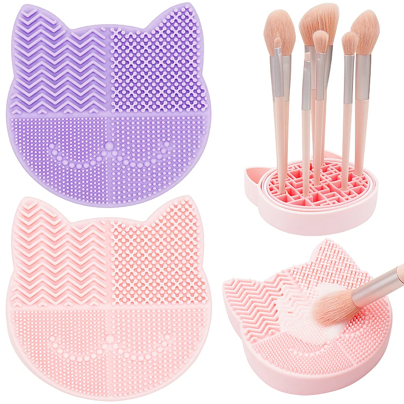 Cat Shape Silicone Makeup Brush Cleaner Mat With Brush Storage Holder 2 In 1 Portable Cosmetic Brush Washing Pad Organizer
