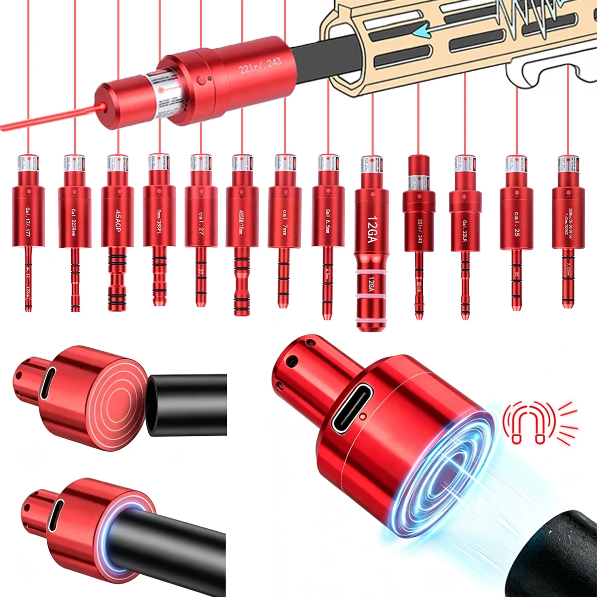 Magnetic Red Dry Fire Training Cartridge Bullet Bore Sight 2 IN 1 For Multiple Calibers 9mm Cal .17/177 22LR 38SPL 223REM 12GA