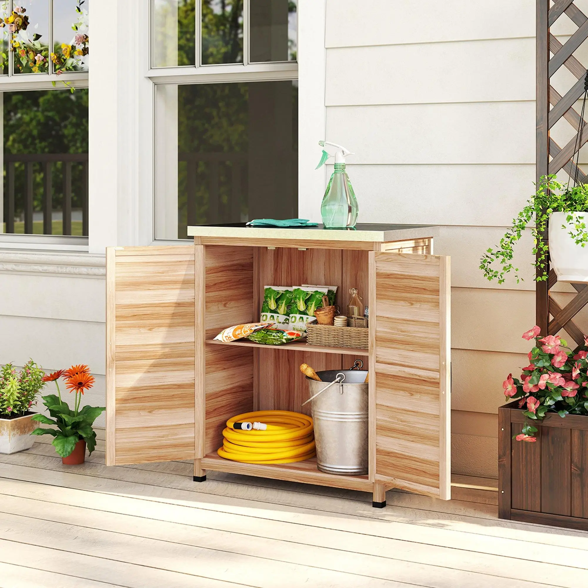 Armoire de rangement de jardin avec table de jardinage, abri à outils en bois avec plan de travail galvanisé, 2 étagères, double porte, 79 x 43 x 92 cm