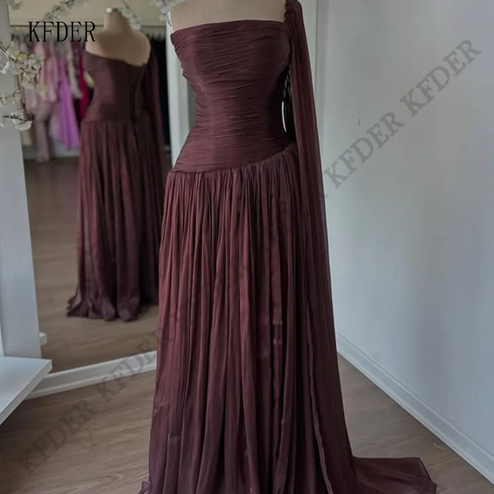 Dark Brown Chiffon Evening Dresses A Line One Cape Robe Cocktail Femmes Pleated Flowy 2026 Chiffon Prom Dresses Customized
