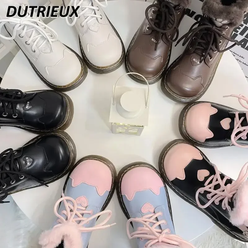 Japanese Cute Lolita Snow Boots Women Warm Fleece Sweetheart Color Matching Round Toe Shoes for Girls Fall Winter Short Boots