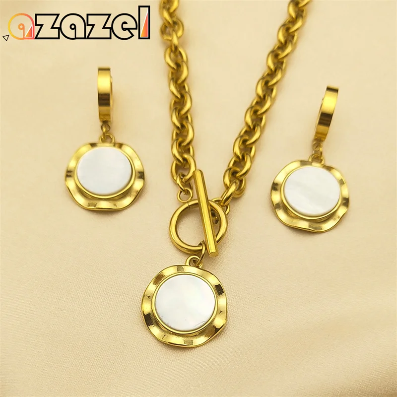 Abalone Natural White Shell Round Flower Jewelry Set Women Men Stainless Steel Gold Color Charms Necklace Earrings Set  ZZZ127-6