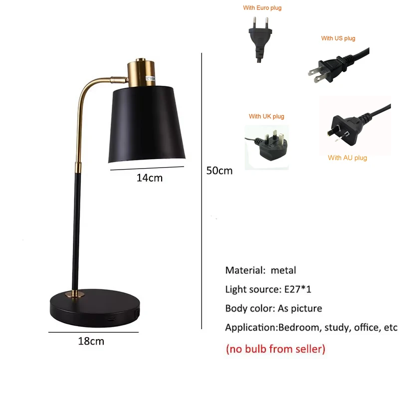 New USB Rechargeable Bedroom Bedside Table Lamp American Iron Hotel Villa Guest Room Study Desk Lamp Desk Light
