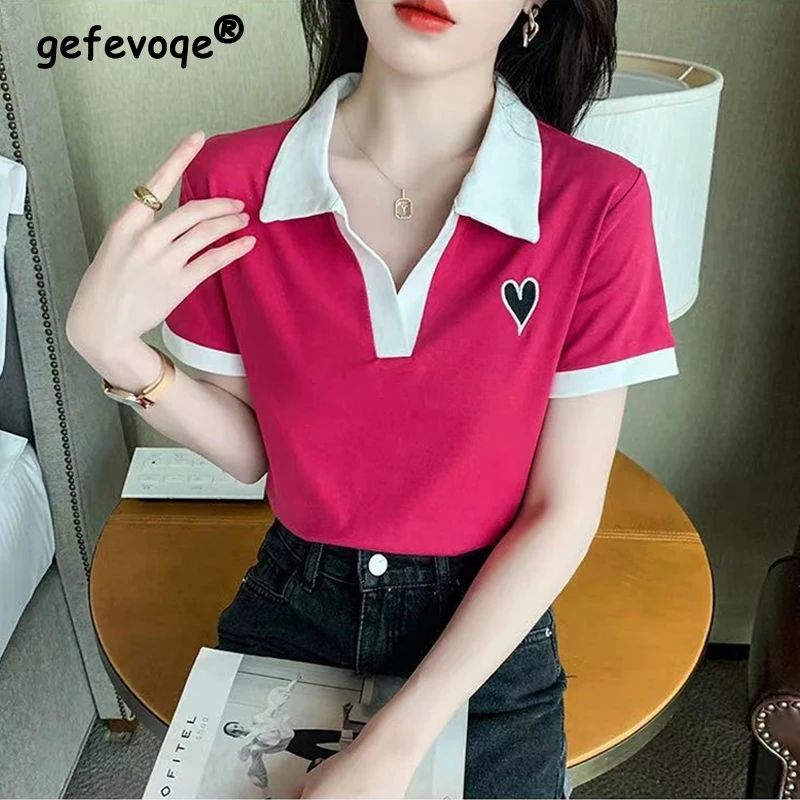 

Women Summer Trendy Contrast Color Patchwork Slim Tees Korean Style Short Sleeve Polo Collar T-shirt Casual Embroidery Chic Tops