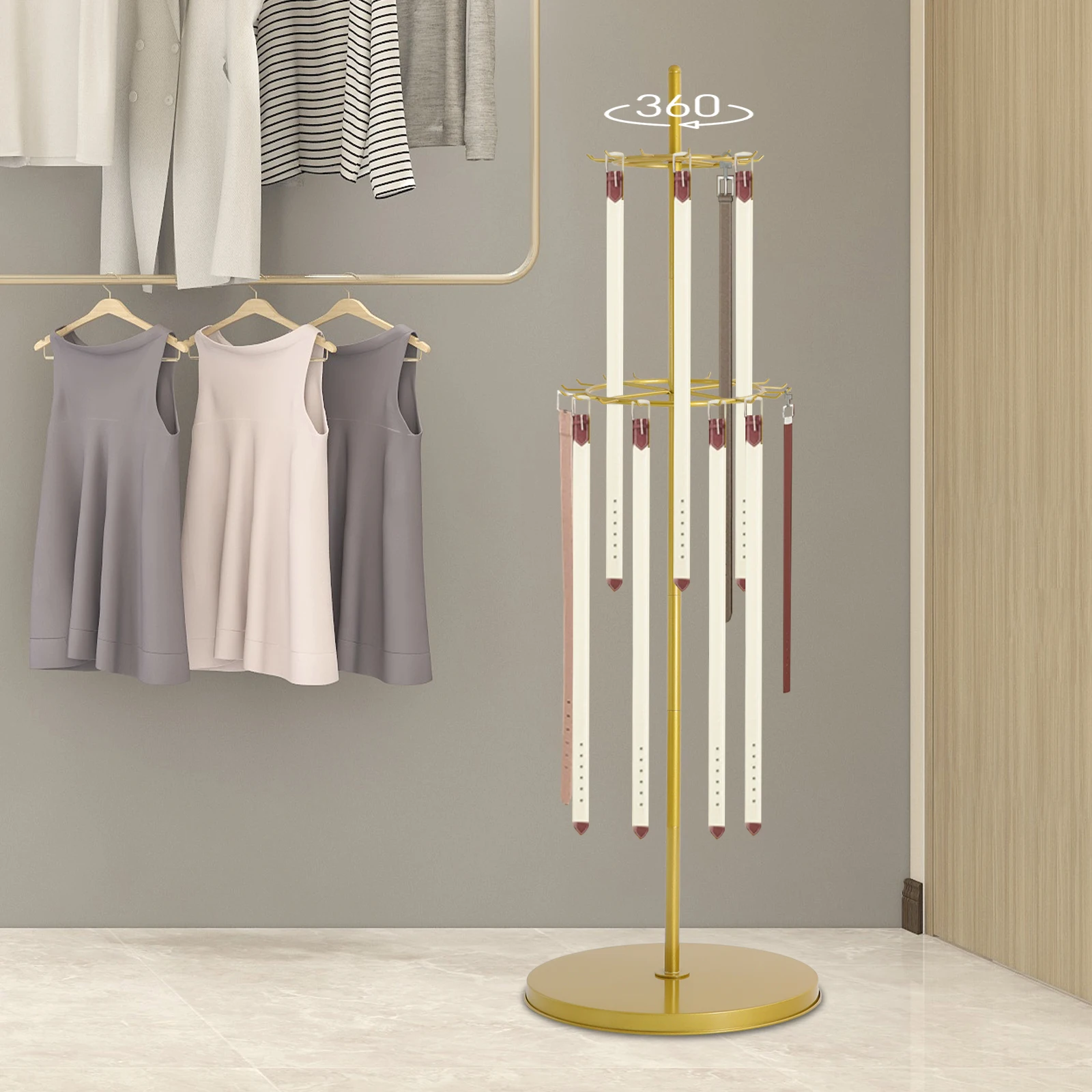 

White/Black/Gold Belt Display Shelf with 31 Hook Floor Standing Tie Rack Metal Scarf Organizerfor Boutique Clothing Store Home