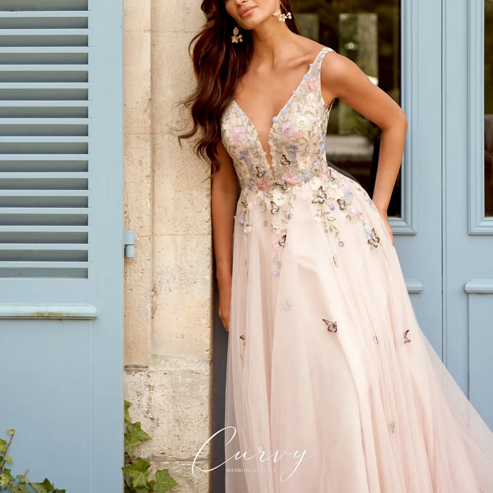 Curvy Romantic Deep V‑Neck Sleeveless A‑Line Wedding Dresses for Women Butterfly Floral Applique Tulle Garden Wedding Party