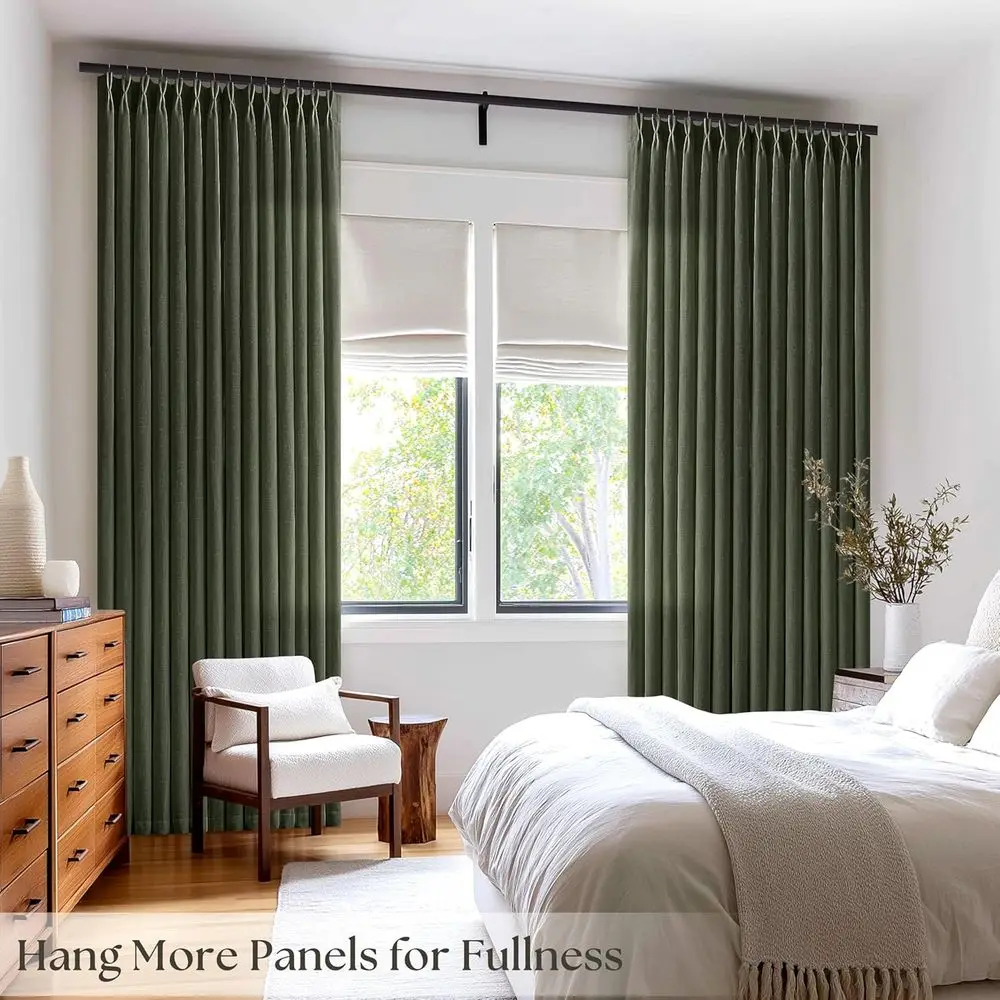 84 Tende plissettate in lino verde cacciatore con ganci, semitrasparente per soggiorno e sala da pranzo