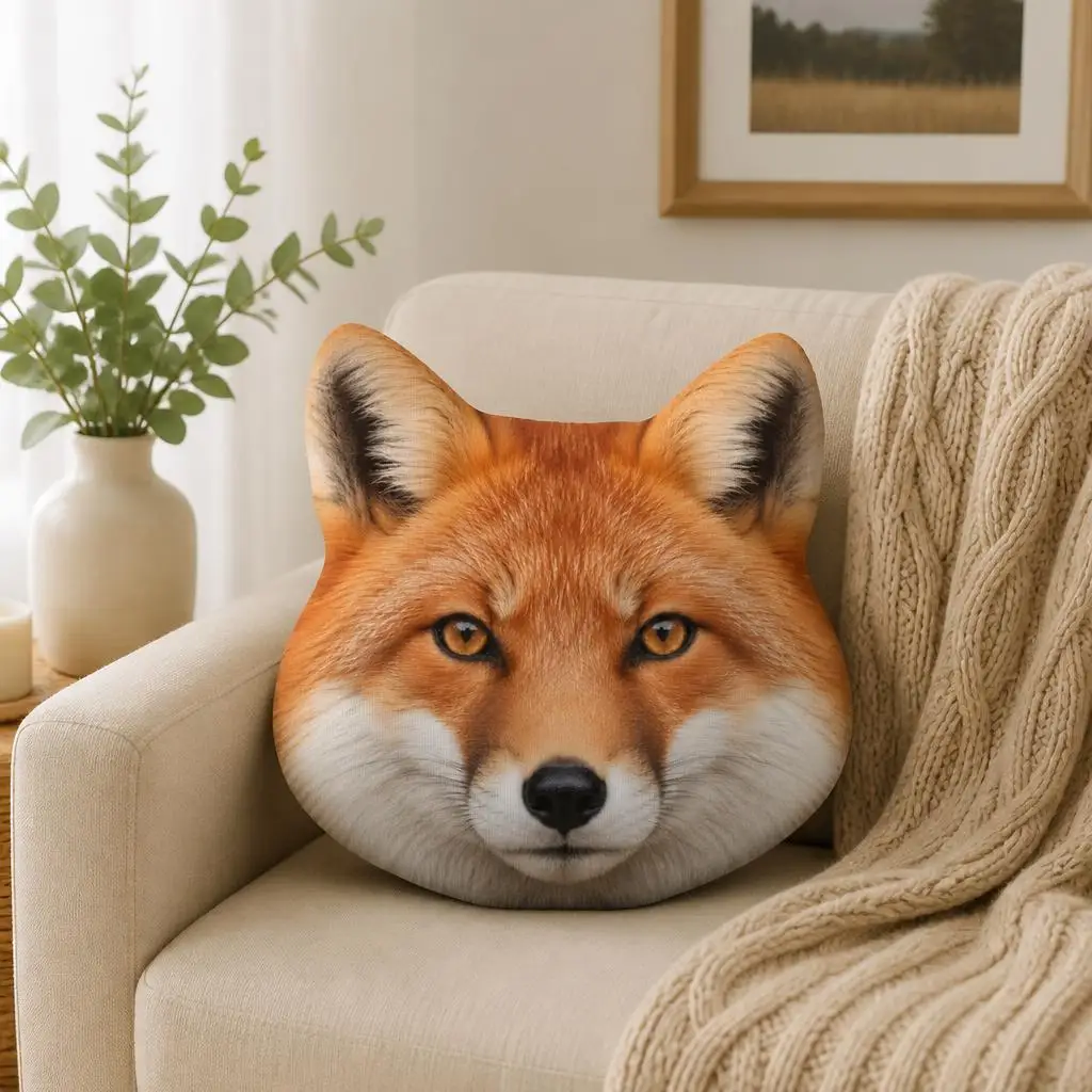 Fox Face Shaped Plush Pillow Woodland Wildlife Animal Cushion Stuffed Throw Pillow for Sofa Bed Home Decor Fox Lover Gift
