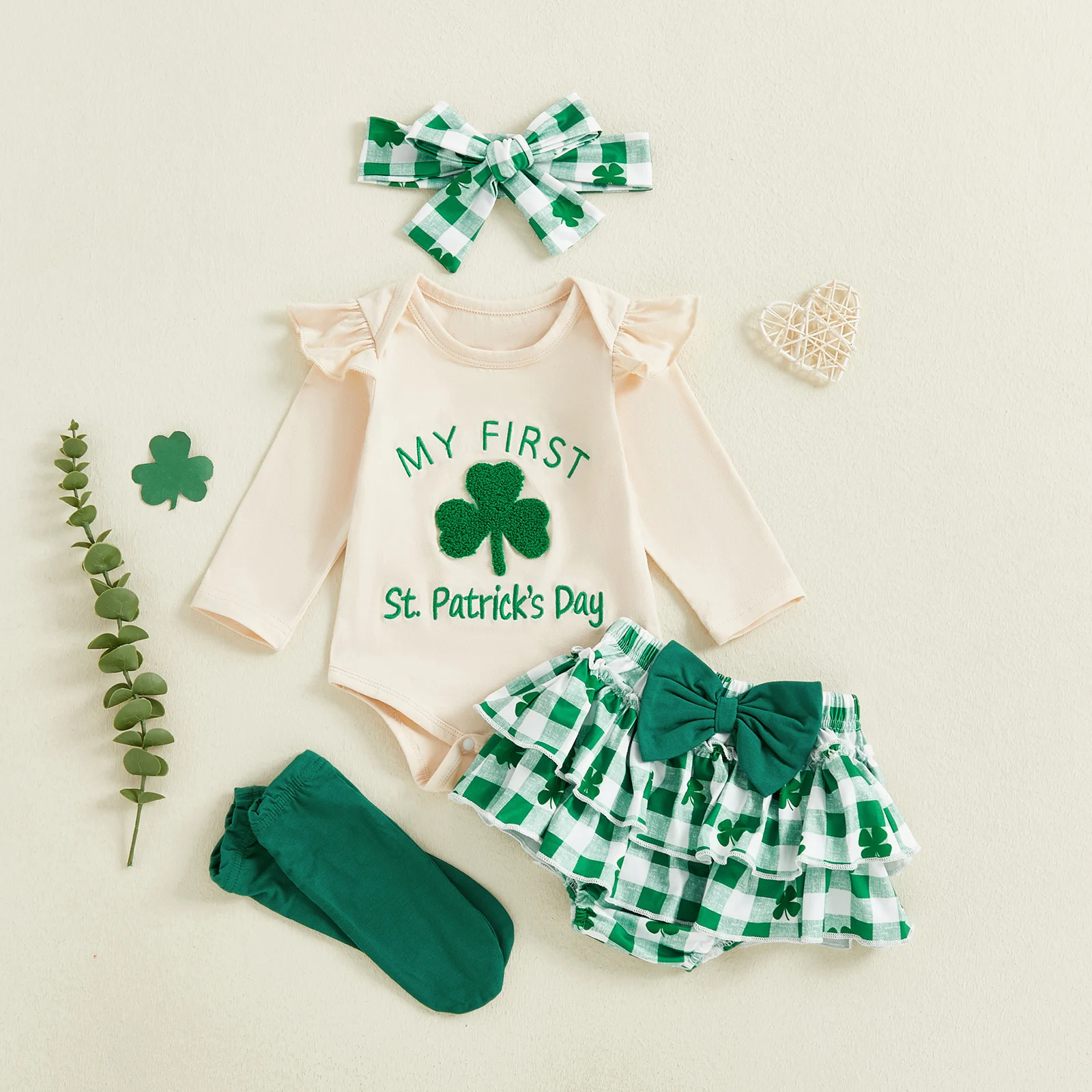 

St Patrick s Day Toddler Girls 4 Piece Set with Clover Embroidery Long Sleeve Jumpsuit Headband Skirt and Leg Warmers for