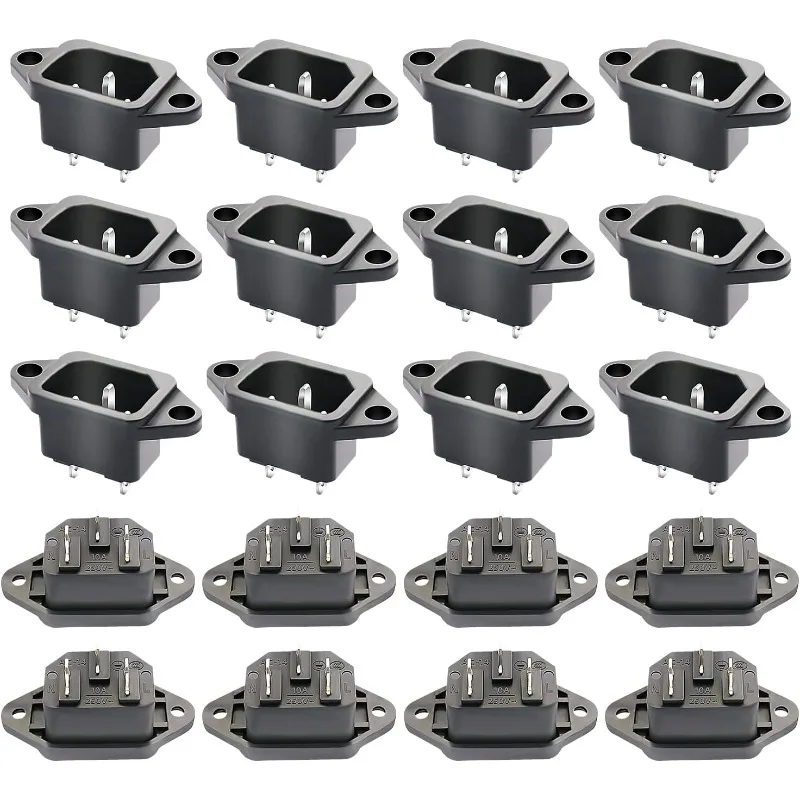 20PCS AC 250V 10A IEC 320 C14 Panel Mount Plug Adapter Power Connector Socket Black Screw Mount 3 Pins Inlet Power Plug Socket