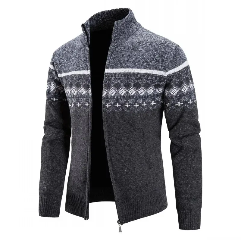 Suéter de zíper de gola alta masculino, moletom casual, jaqueta Jacquard Cardigan, pulôver de inverno, 2024