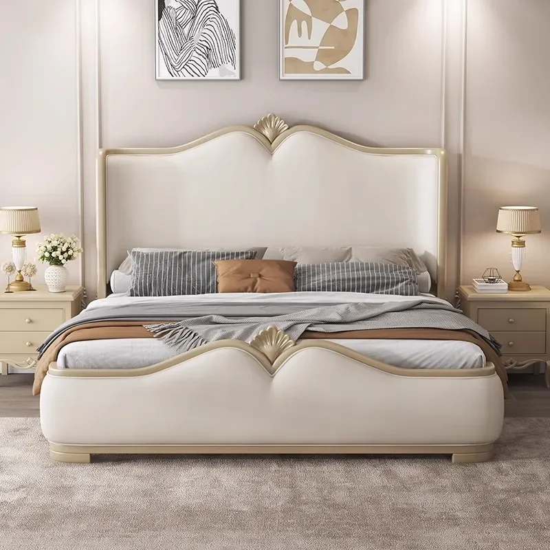 Modern Solid Wood French Bed with Crown Headboard Light Luxury Double Master Bedroom Furniture European Style Wedding