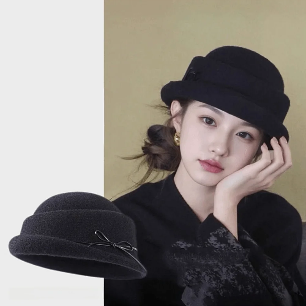 Moda arco hepburn estilo topper chapéu pérola estilo francês balde de lã chapéu estilo britânico elegante bacia chapéu inverno