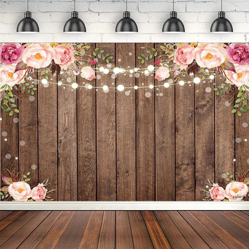 Rustic Wood Floral Photography Backdrop Retro Wooden Floor Flower Wall Background Wedding Bridal Shower Birthday Party Banner