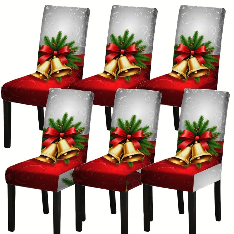 Christmas Chair Covers Red Bells Green Pine Pattern Retractable Restaurant Seat Protectors for Hotel Banquet Home Decoration