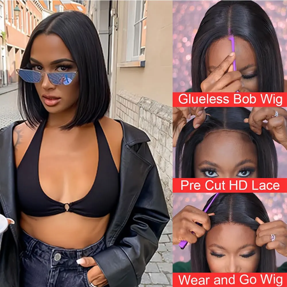 Wear and Go Glueless Bob Wigs Human Hair Pre Plucked Straight Short 180 Density 4x4 HD Lace Closure Wig Human Hair Natural Black