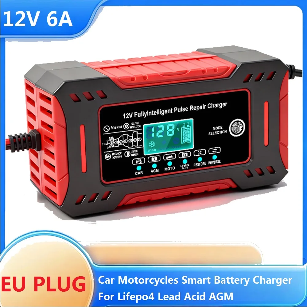 12V 6A Car Battery Charger 14.6V 6A Digital Display Electric Motorcycles Charger For LiFePO4 Lead Acid AGM Smart Battery Repair