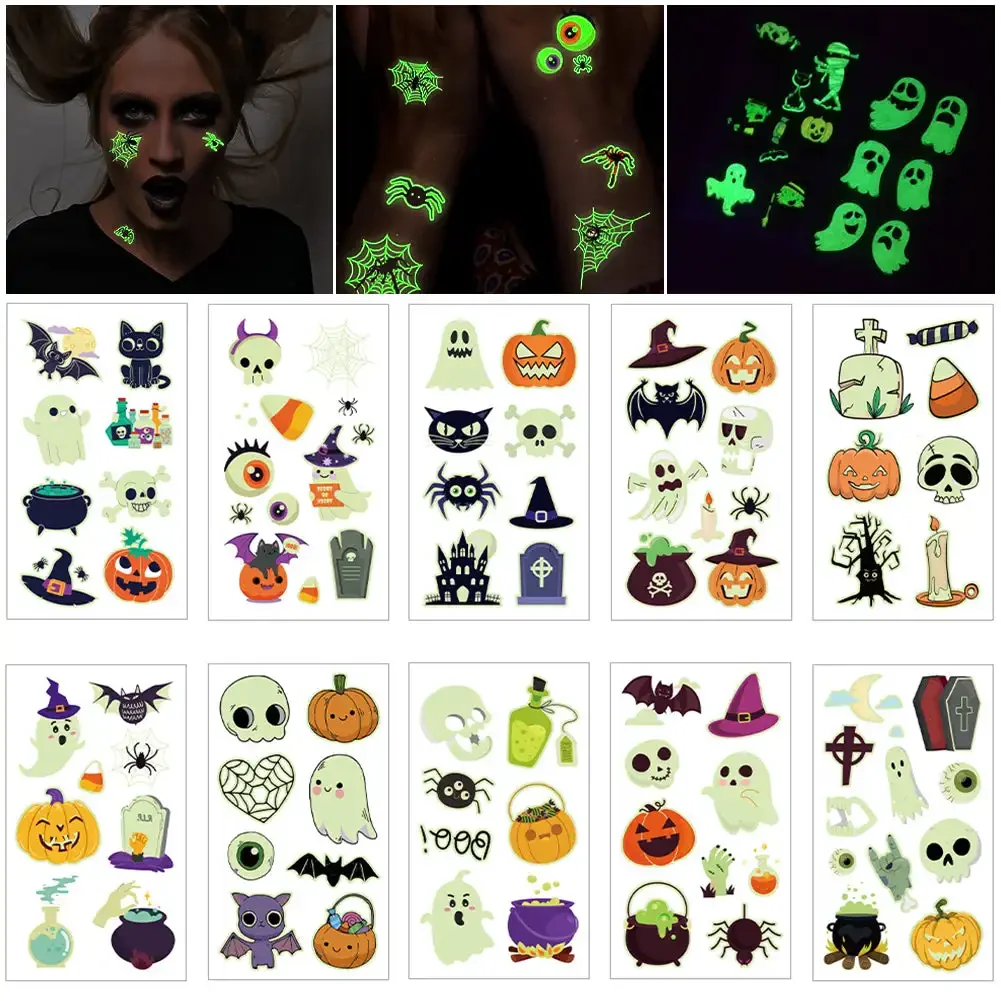 الإبداعية الجديدة هالوين مقاوم للماء العنكبوت الخفافيش شبح الوشم وهمية اليقطين مضيئة لصاقات وشم مؤقت للحزب الرجال النساء