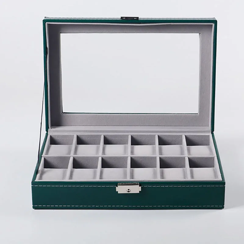 Caja organizadora de reloj de cuero PU caja de almacenamiento de vidrio joyería pulsera multifuncional verde 6/10/12 ranuras