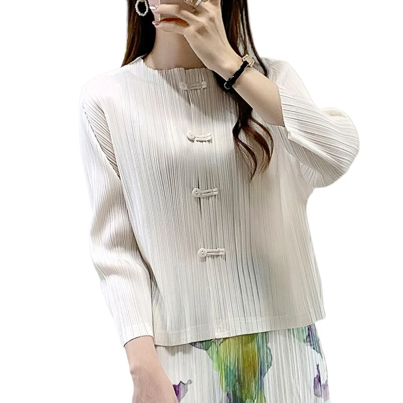 Miyake Geplooide Top Damesjas Herfst Retro Chinese Stijl High-End Lange Mouwen Chinese Stijl Button Up Temperament top