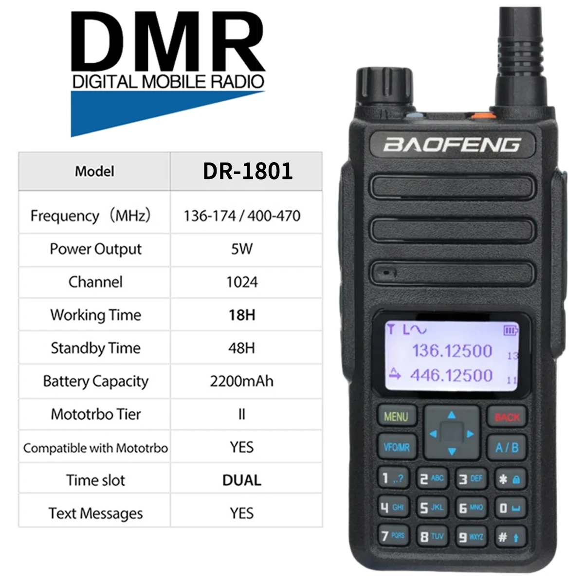 Baofeng Walkie Talkie Dmr Dr-1801Uv Digital+Analog 5Km Encrypted Communication Range Ham Radio Camping Wireless Set