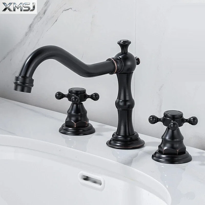 

Oil Rubbed Bronze Widespread Bathroom Sink Faucet 3-Hole 2 Cross Handle Vanity Mixer Tap