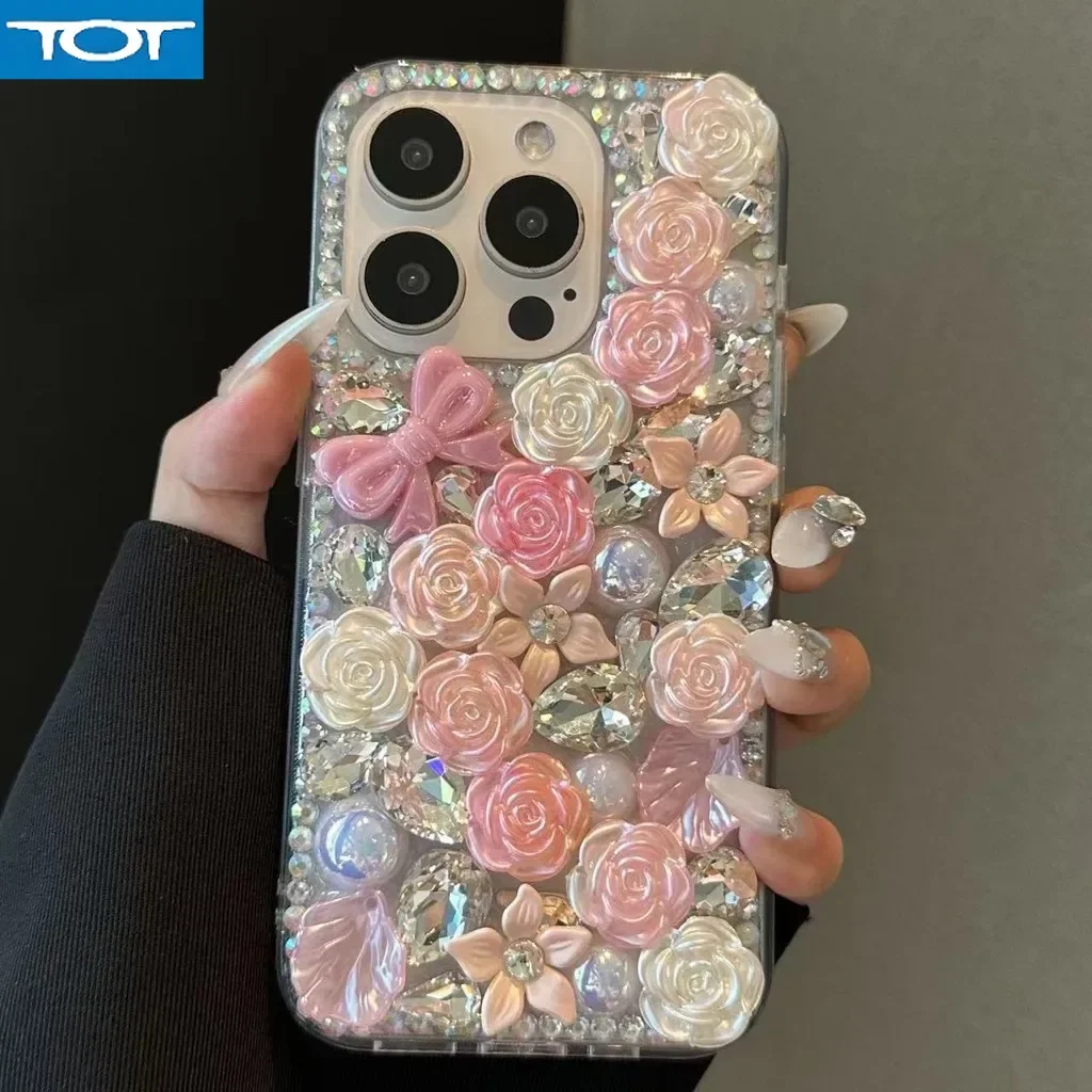 แฟชั่น Handmade Bling เพิร์ลเพชรโบว์ Camellia ดอกไม้สําหรับ iPhone 16 15 14 13 12 Mini 11 Pro Max Plus