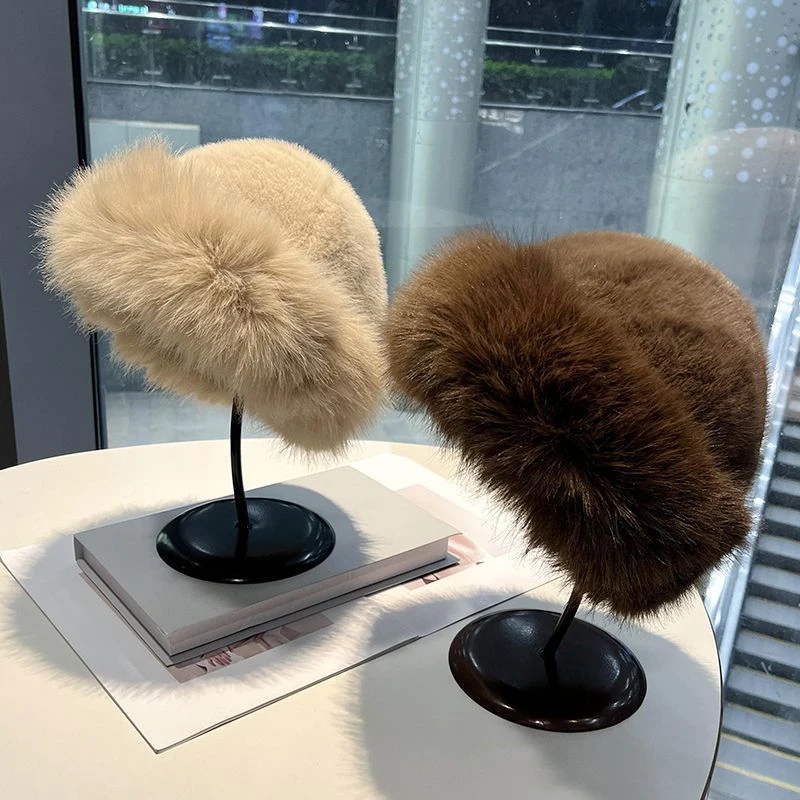 【F】New Fur Hat Women Warm Snow Ski Cap Female Faux Fox Fur Thick Warm Winter Hat Lady Windproof Russian Hat Ear Warmer Bonnet