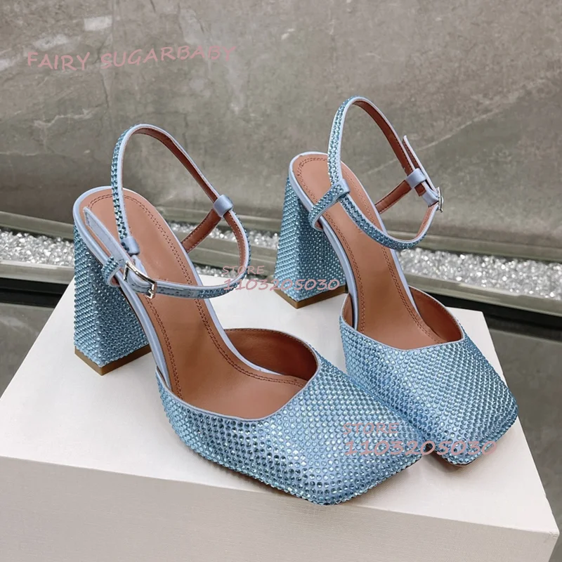 

Light Blue Crystal Chunky Heels Low Black Square Toe Silk Sandals Women Summer Party Slingback Ankle Buckle Casual Beach Shoes