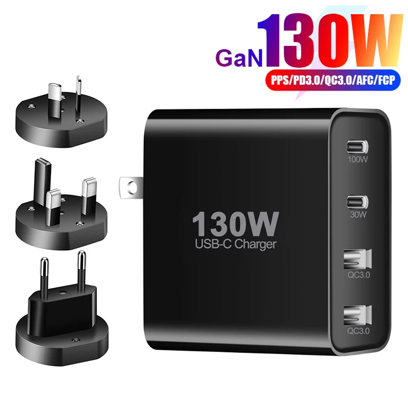 130W GaN Charger Convertible Plug Folding Pin QC3.0 Four-Port DualUSBA and PD for Notebook or Mobile Phone High Power Fast Charg