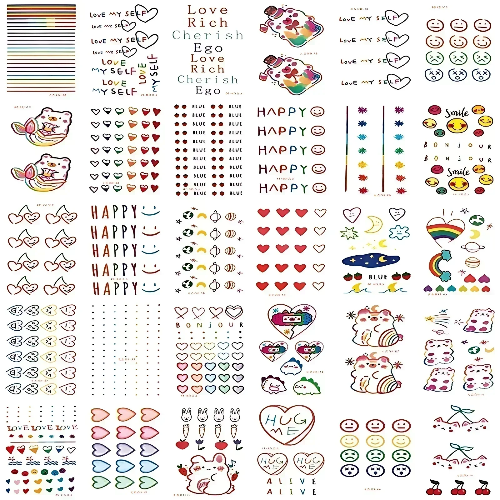 30pcs/set Child Kids Tattoo Waterproof for Leg Arm Chest Forearm Colorful Heart Rainbow English Letter Tattoo Adhesive Sticker