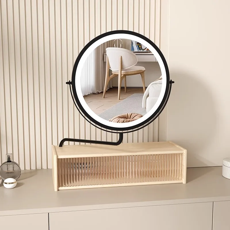 

celebrity desktop rotating makeup mirror Solid wood smart led vanity mirror Dresser desktop with storage mirror