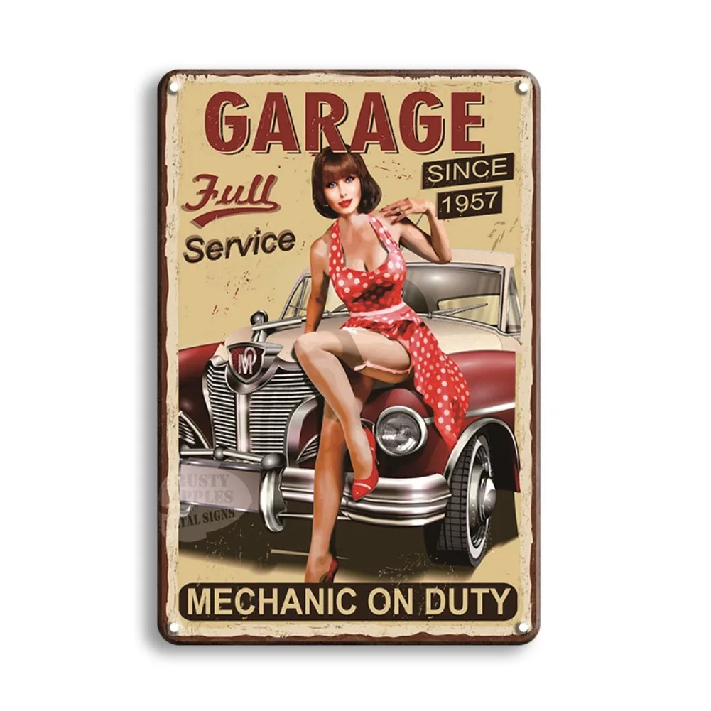 Vintage Garage Mechanic On Duty Pin Up Girl Metal Tin Sign Retro Distressed Iron Plaque Garage Bar Man Cave Wall Decor