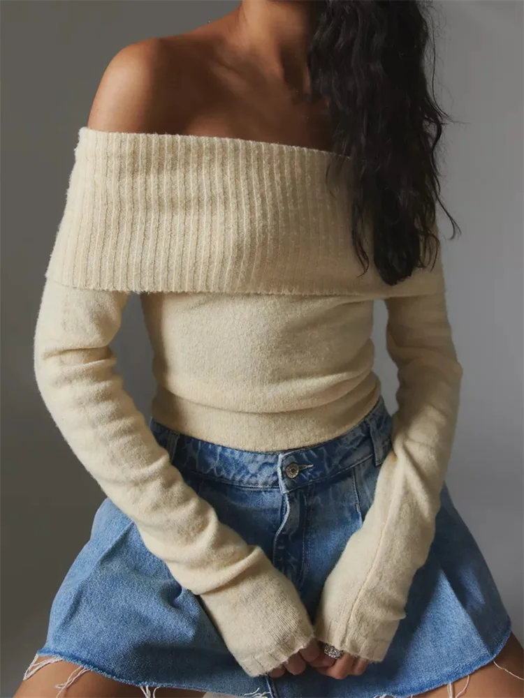 

CHRONSTYLE Women Spring Fall Knitted Sweaters Tops Solid Color Long Sleeve Off Shoulder Slash Neck Ribbed Slim Knitwear Jumpers