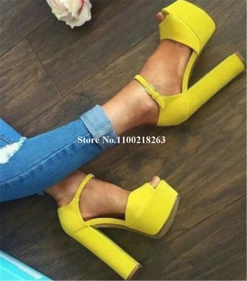 Fashion Yellow Suede Thick Heel Sandals Sexy Peep Toe High Platform Chunky Heel Ankle Strap Dress Shoes Party Pumps Big Size