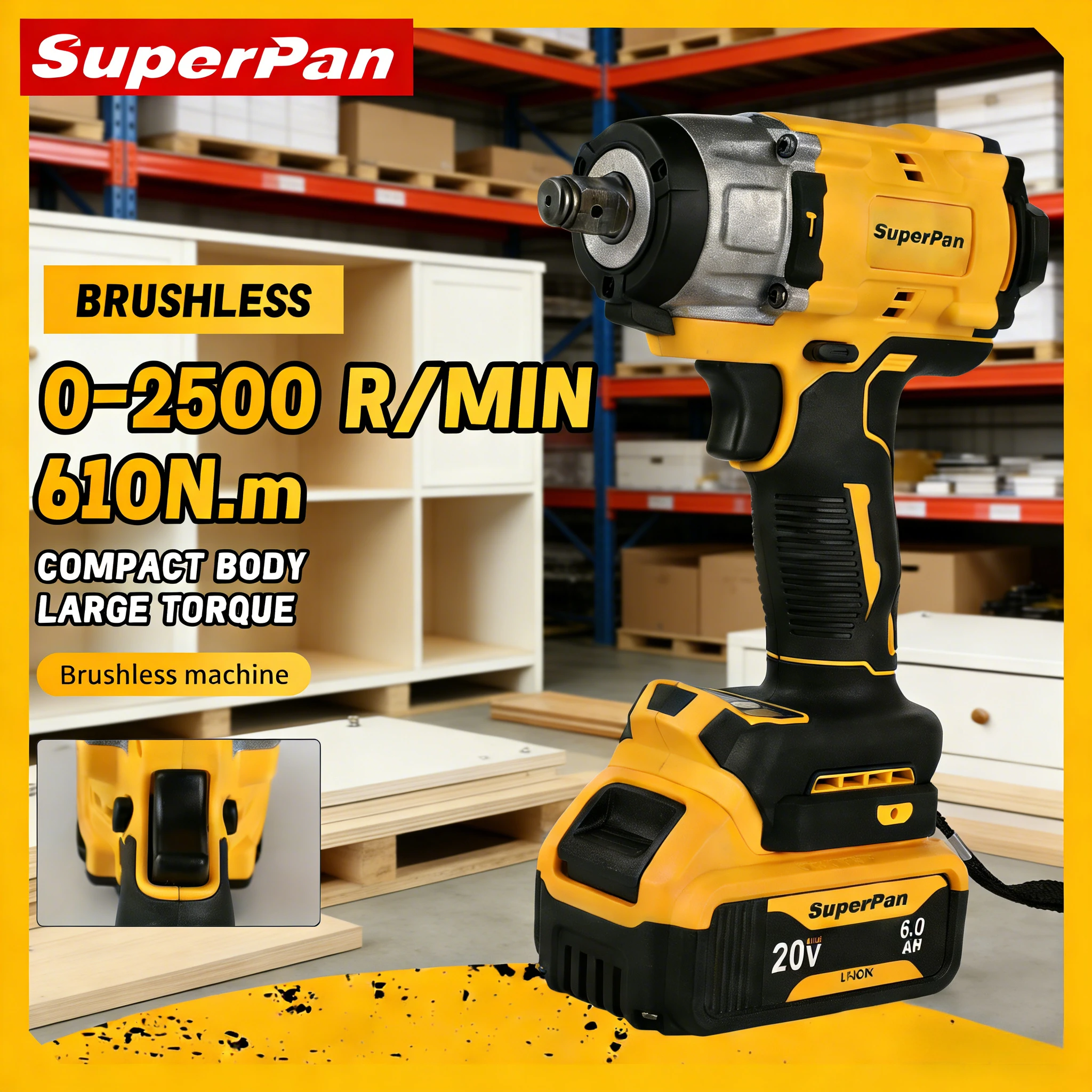 

Аккумуляторный ударный гайковерт SuperPan SP922 для промышленного ремонта и профессионального обслуживания автомобилей, совместимый с аккумулятором DeWalt 20V.