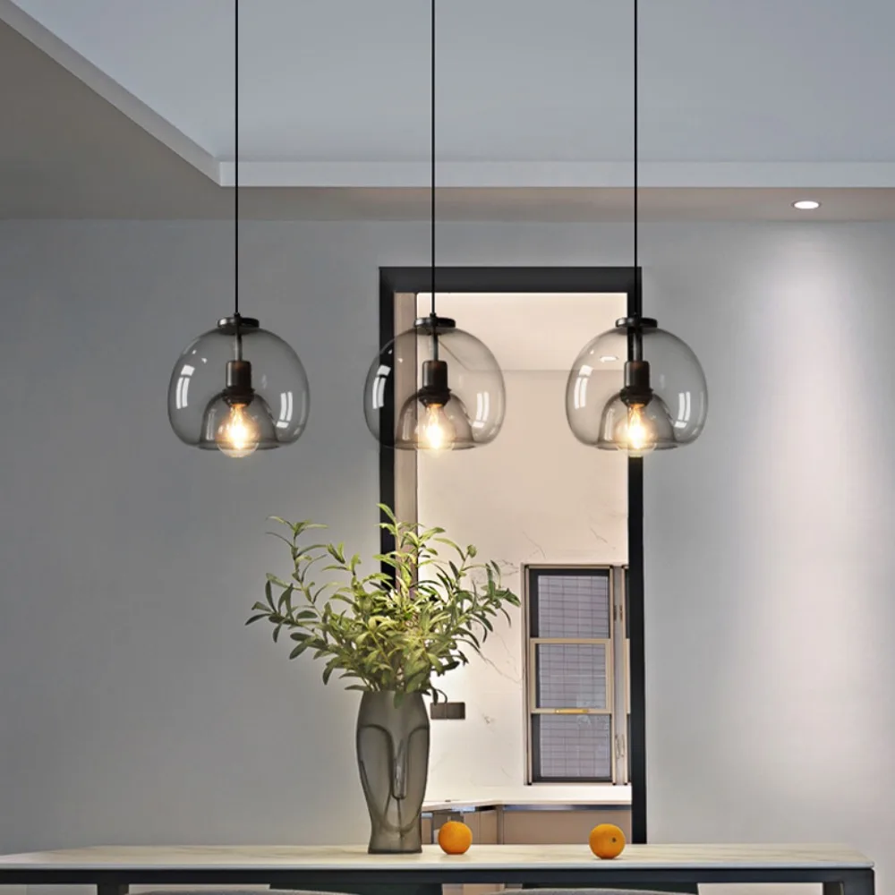 Nordic LED Smoke Gray Glass Pendant Light for Kitchen Island Chandelier for Living Room Dining Room Hanging Lamps