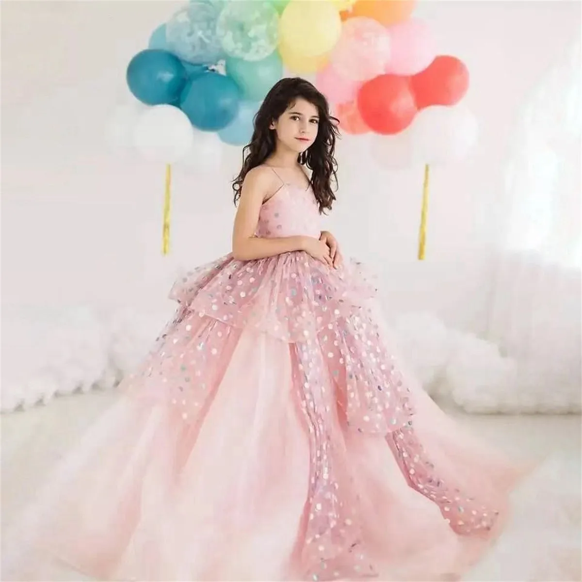 Rosa alças de espaguete tule vestido da menina flor adorável bolinhas para casamento pageant vestido de baile criança aniversário comunhão vestidos