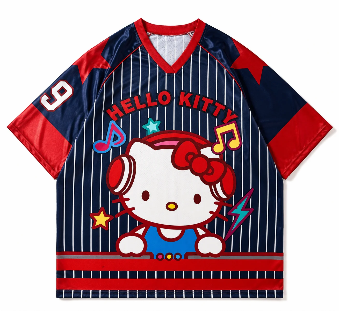 Y2K Cute Hello Kitty Music Headset Graphic 3D Print V-Neck Raglan Jersey Quick Dry Loose Short Sleeve Sport T-shirt