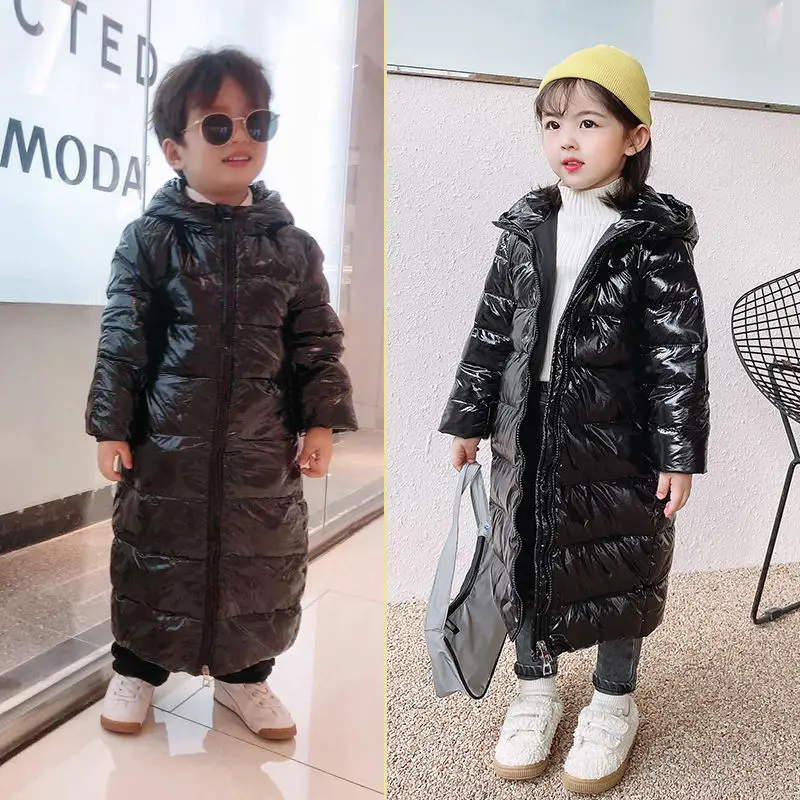 2022 Winter Baby Bright Down Jacket Warm Children's Clothing Kids Hooded Soild Color Long Outerwear Thicken Cold Resistance Coat