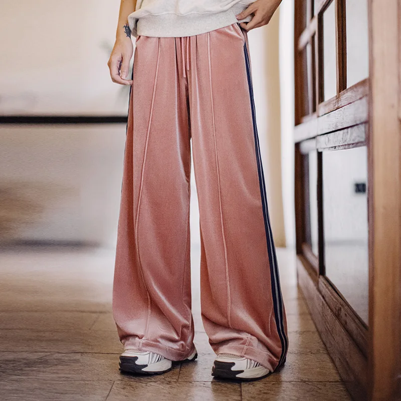 Maden Casual Pink Velvet Straight-Leg Sweatpants Retro Wide-Leg Drawstring Waist Joggers Trousers Versatile Women's Long Pants