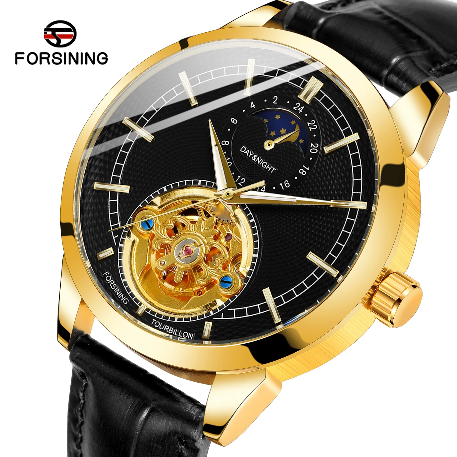 Fashion Forsining Top Brand Hollow Tourbillon Pin Scale Full Automatic Mechanical Man Business Leather Belt Moon Phase Watch