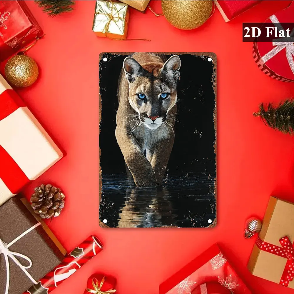 2D Flat, 1pc Vintage Metal Sign - Realistic Ombre Mountain Lion (Cougar/) Wall Art with Blue-Eyed Wildlife Paing - Durable Frame